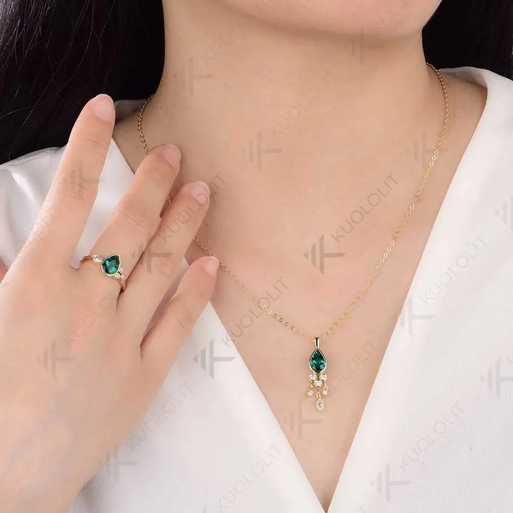 Kuololit 1.6CT Lab Grown Emerald and Moissanite Necklace for Women Solid 18K 14K 10K 585 Yellow Gold Pear Pendant for Christmas