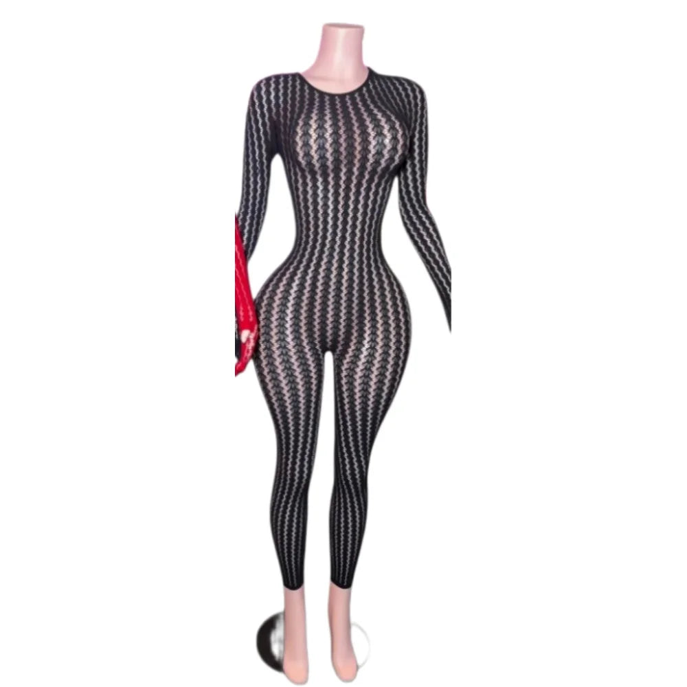 FAGADOER Women Sexy Mesh Lace Jumpsuits Fashion Long Sleeves Round Neck Vertical Striped Sheer Bodycon Rompers Summer Playsuits