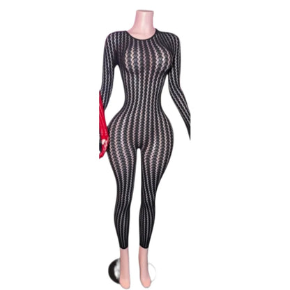 FAGADOER Women Sexy Mesh Lace Jumpsuits Fashion Long Sleeves Round Neck Vertical Striped Sheer Bodycon Rompers Summer Playsuits