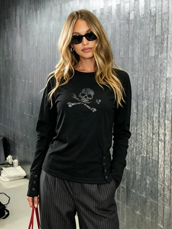 Retro Dark Style Long Sleeve T-Shirt round Neck Skull Print Decorated Buttons Spice Girl Theme American Fashion 2026 New