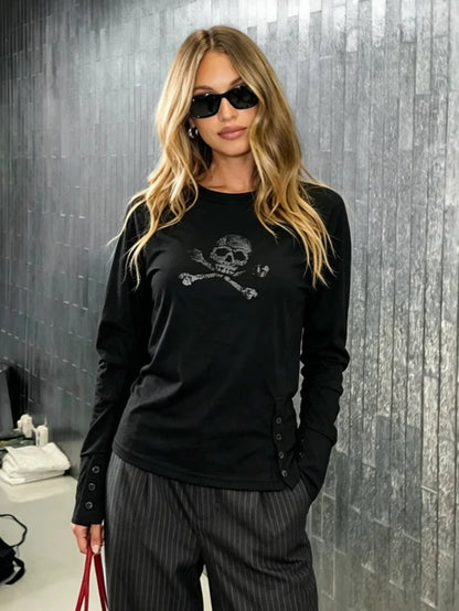 Retro Dark Style Long Sleeve T-Shirt round Neck Skull Print Decorated Buttons Spice Girl Theme American Fashion 2026 New