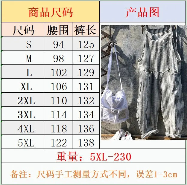 Casual Jumpsuit Women Striped Cotton Overalls Loose Fit Long Pants Romper Adjustable Straps Front Patch Pockets Jumpsuits
