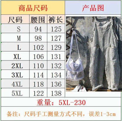 Casual Jumpsuit Women Striped Cotton Overalls Loose Fit Long Pants Romper Adjustable Straps Front Patch Pockets Jumpsuits