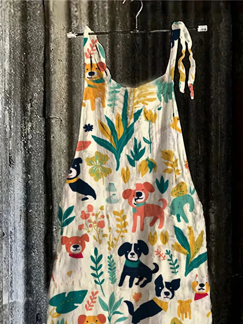 Cute Puppy Print Women's Jumpsuit, Breathable Cotton-Like Jumpsuit