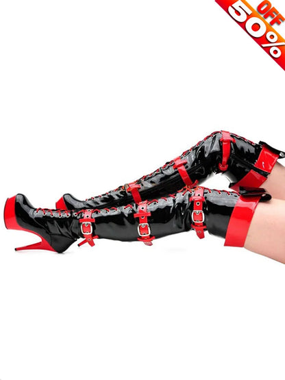 Women 6 Inch Platform Lace Sexy Shoes Pole Dance 15cm Gothic Thigh Boots High Heels Exotic Buckle Mixed Color Stripe Boots