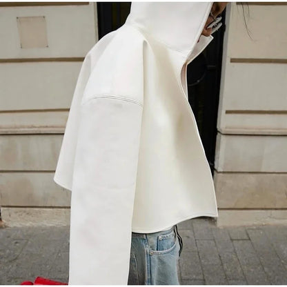 Women Cropped PU Leather Jacket Stand Collar Wide Flare Sleeve Asymmetrical Wrap Open Front Coat 2026 Autumn Chic Loose Jackets