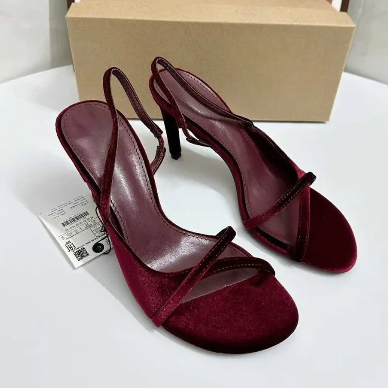 Elegant Velvet High Heels Sandals for Women Cross Strap Design Luxury Open Toe Banquet Wedding Slingback Brand Ladies Shoes