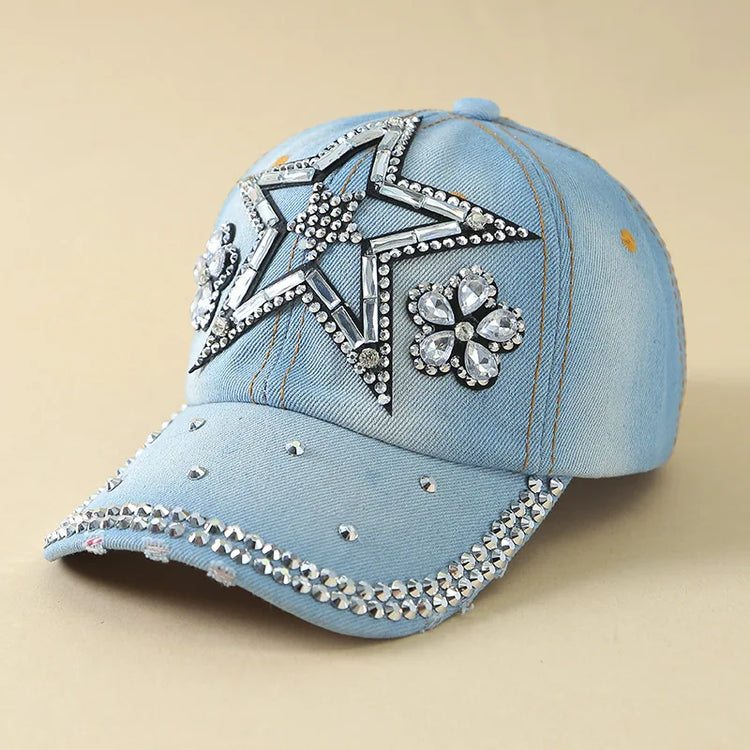 Denim Fashion Cap, Point Diamond Star Baseball Cap, Outdoor Sun Protection Visor, Trendy Cap