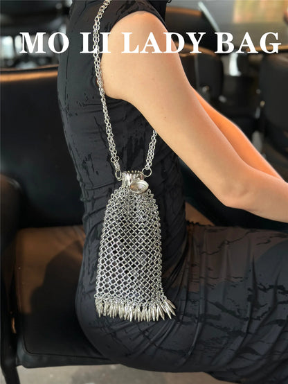 Metallic Hauberk Shoulder Bag Woven Ring Tote Chain Mail Designer Purses and Handbags Handmade Hollow Crossbody Bags for Women