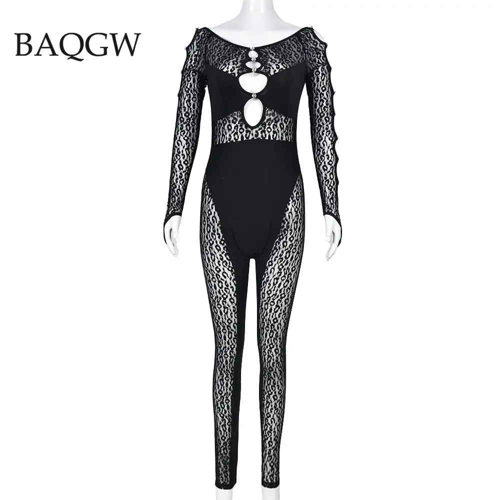 Sexy Deep V Neck Cut Out Mesh Hollow Out Slim Jumpsuit Women Print Long Sleeve Button See Through Pencil Pants One Piece Rompers