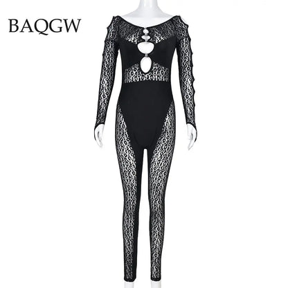 Sexy Deep V Neck Cut Out Mesh Hollow Out Slim Jumpsuit Women Print Long Sleeve Button See Through Pencil Pants One Piece Rompers