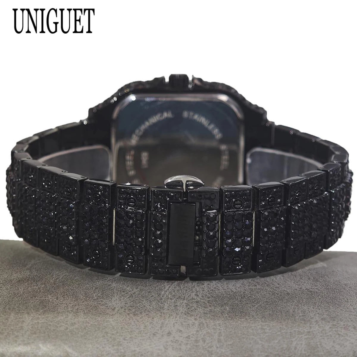 Cool Black Iced Watch For Man Fashion Brand UNIGUET Hip Hop Diamond Bling Bling Jewelry Square Wrist Watch Mens Dropshipping