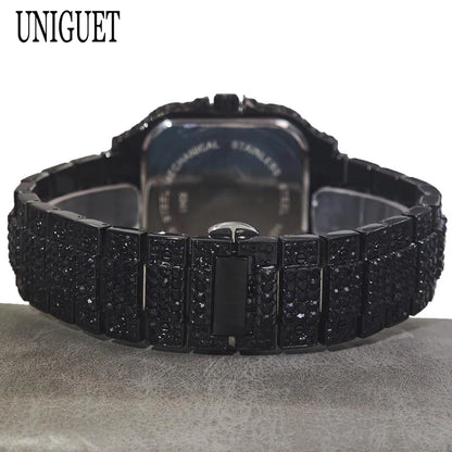 Cool Black Iced Watch For Man Fashion Brand UNIGUET Hip Hop Diamond Bling Bling Jewelry Square Wrist Watch Mens Dropshipping