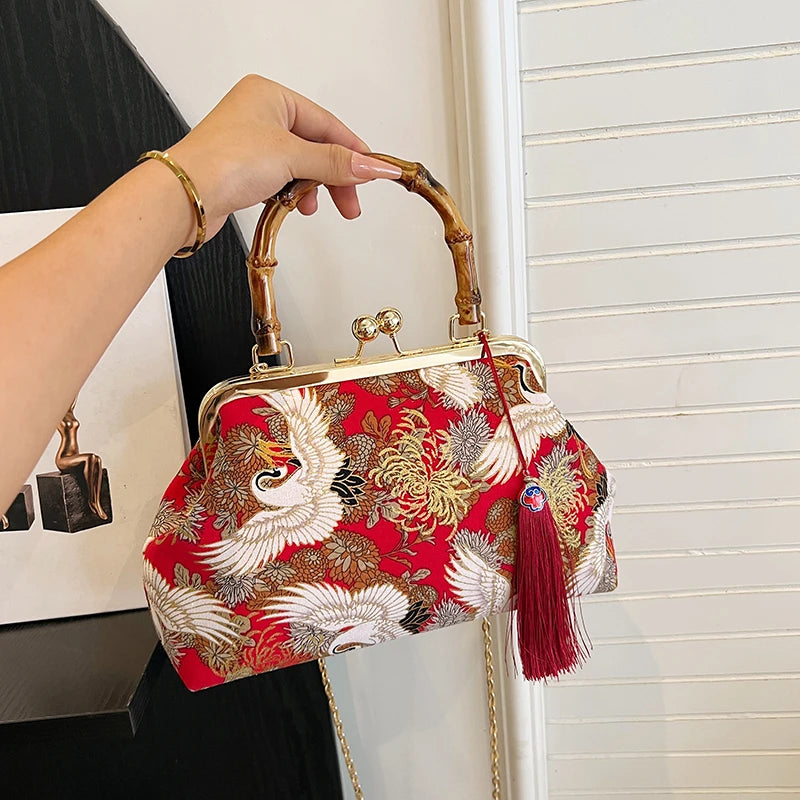 Designer Bamboo Handle Handbag Retro Embroidery Women Evening Bag High-end Nylon Crossbody Bag Luxury Lady Shoulder Bags Satchel