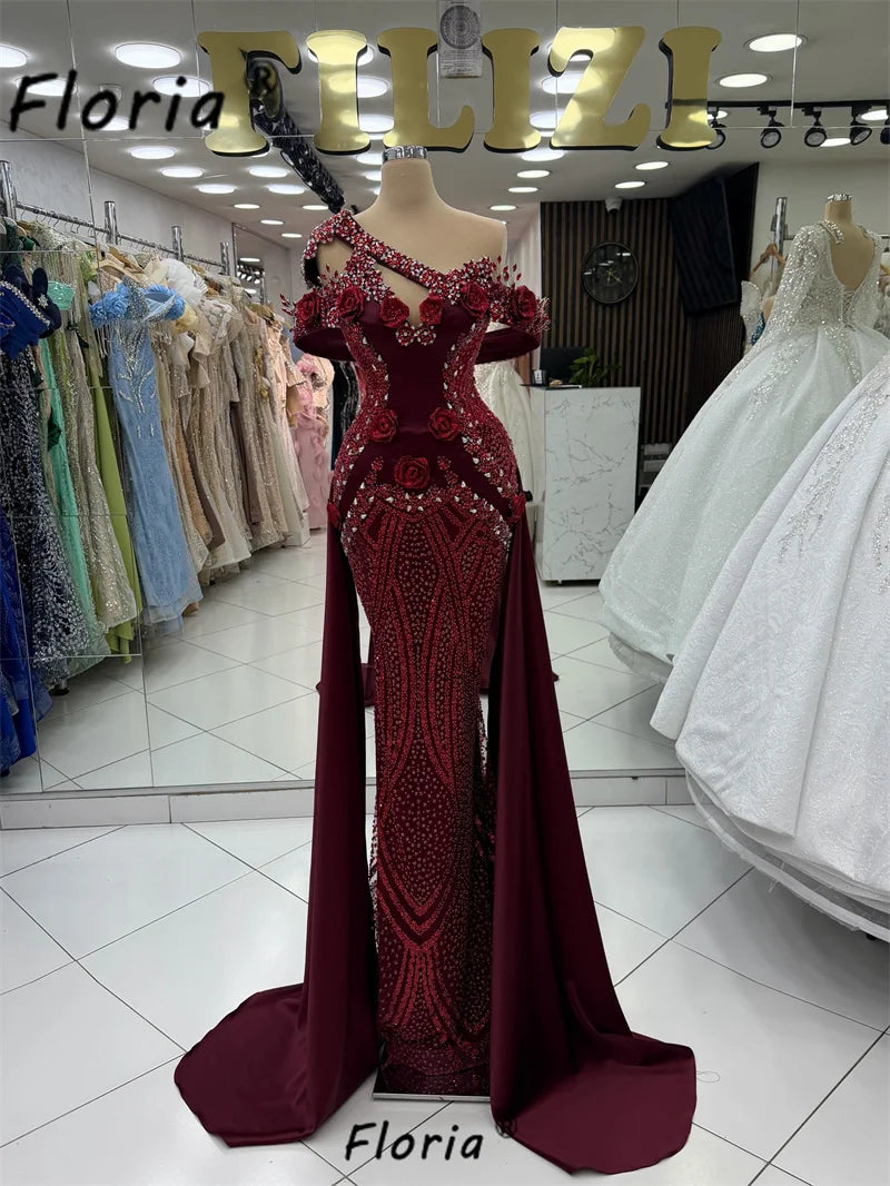 Special Dark Red Beads Party Dress Mermaid 3D Flower Crystal Wedding Gown with Side Train Formal Prom Dress Plus Size Customized