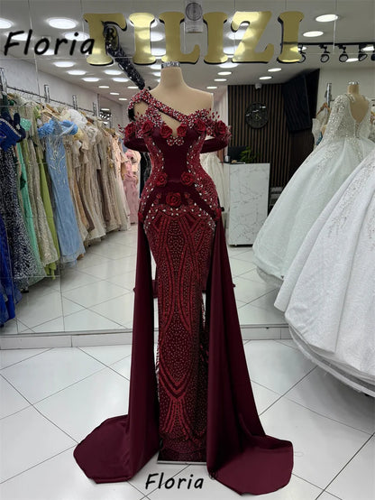 Special Dark Red Beads Party Dress Mermaid 3D Flower Crystal Wedding Gown with Side Train Formal Prom Dress Plus Size Customized