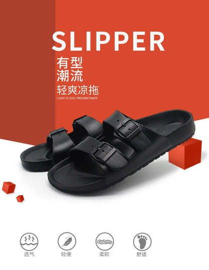 Shevalues Summer Flat Slippers For Women Men 2025 New Thick Sole Sandals With Double Buckle Fashoin Outdoor Antiskid Beach Slide