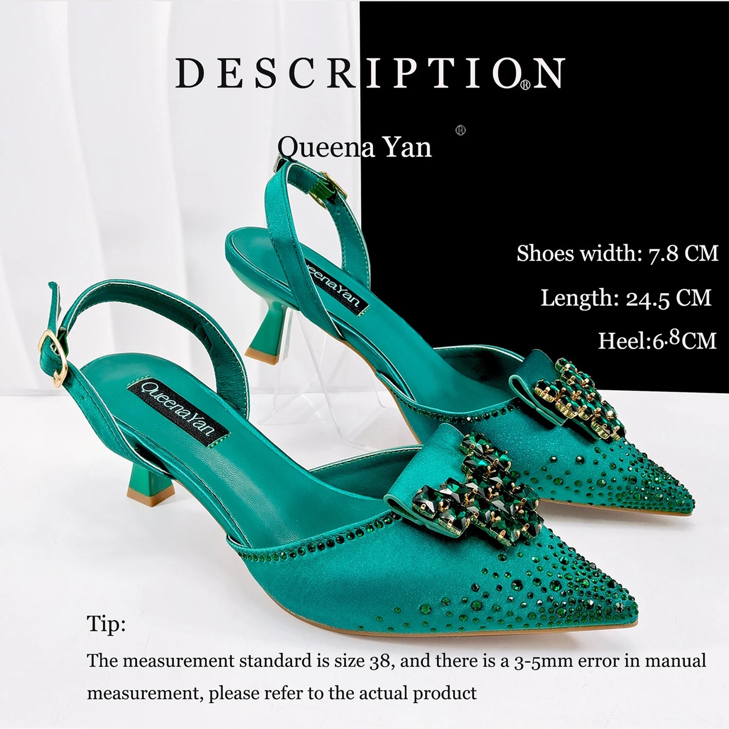 Queen Yan Green Color Rhinestone Comfortable Women's Pumps Heels And Bag Fashion Style Pointed-Toe Shoes For Farty  Occasion