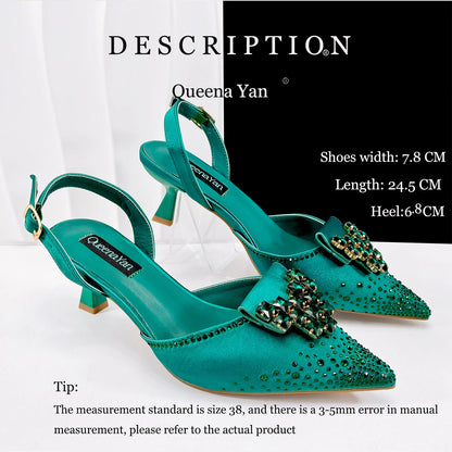 Queen Yan Green Color Rhinestone Comfortable Women's Pumps Heels And Bag Fashion Style Pointed-Toe Shoes For Farty  Occasion