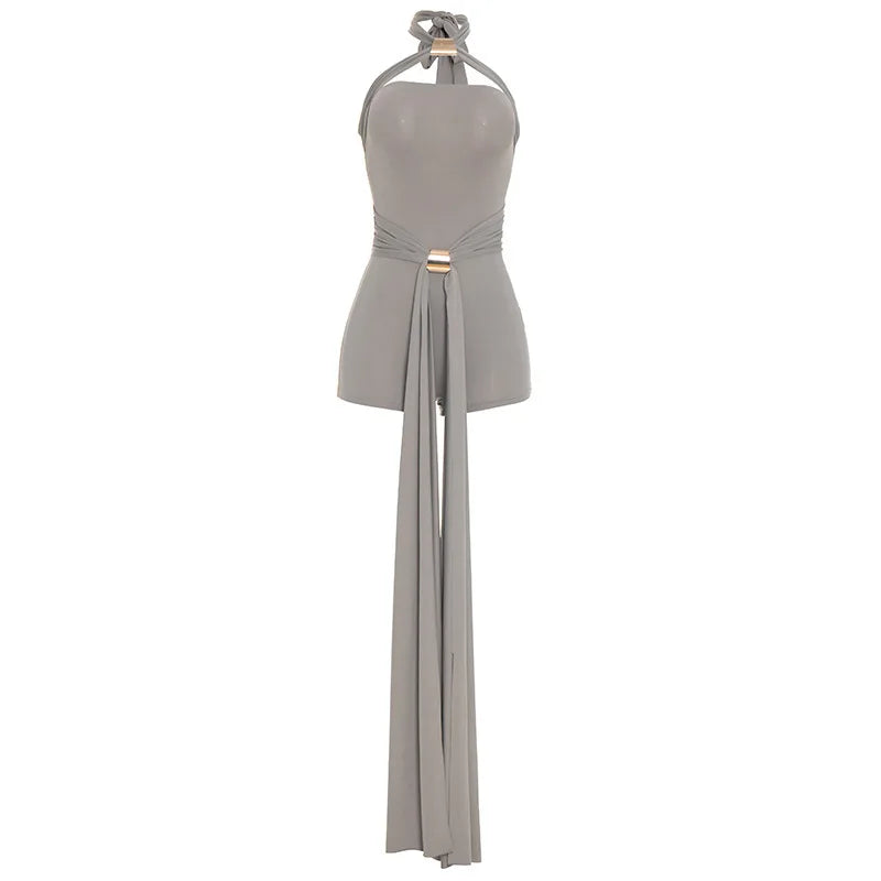 Joskaa Sexy Backless Bandage Playsuits Women Summer Trend Halter  Sleeveless Ribbons Skinny Rompers Holiday Elegant Outwear