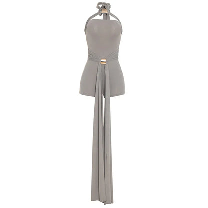 Joskaa Sexy Backless Bandage Playsuits Women Summer Trend Halter  Sleeveless Ribbons Skinny Rompers Holiday Elegant Outwear