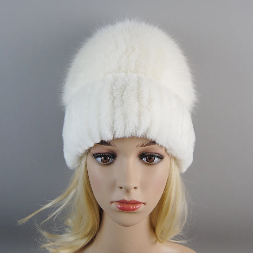 New Winter Lady Brand Hand Make Real Genuine Fox Fur Hat Scarf Girls Natural Real Rex Rabbit Fur Ring Cap Real Fur Scarves Hats