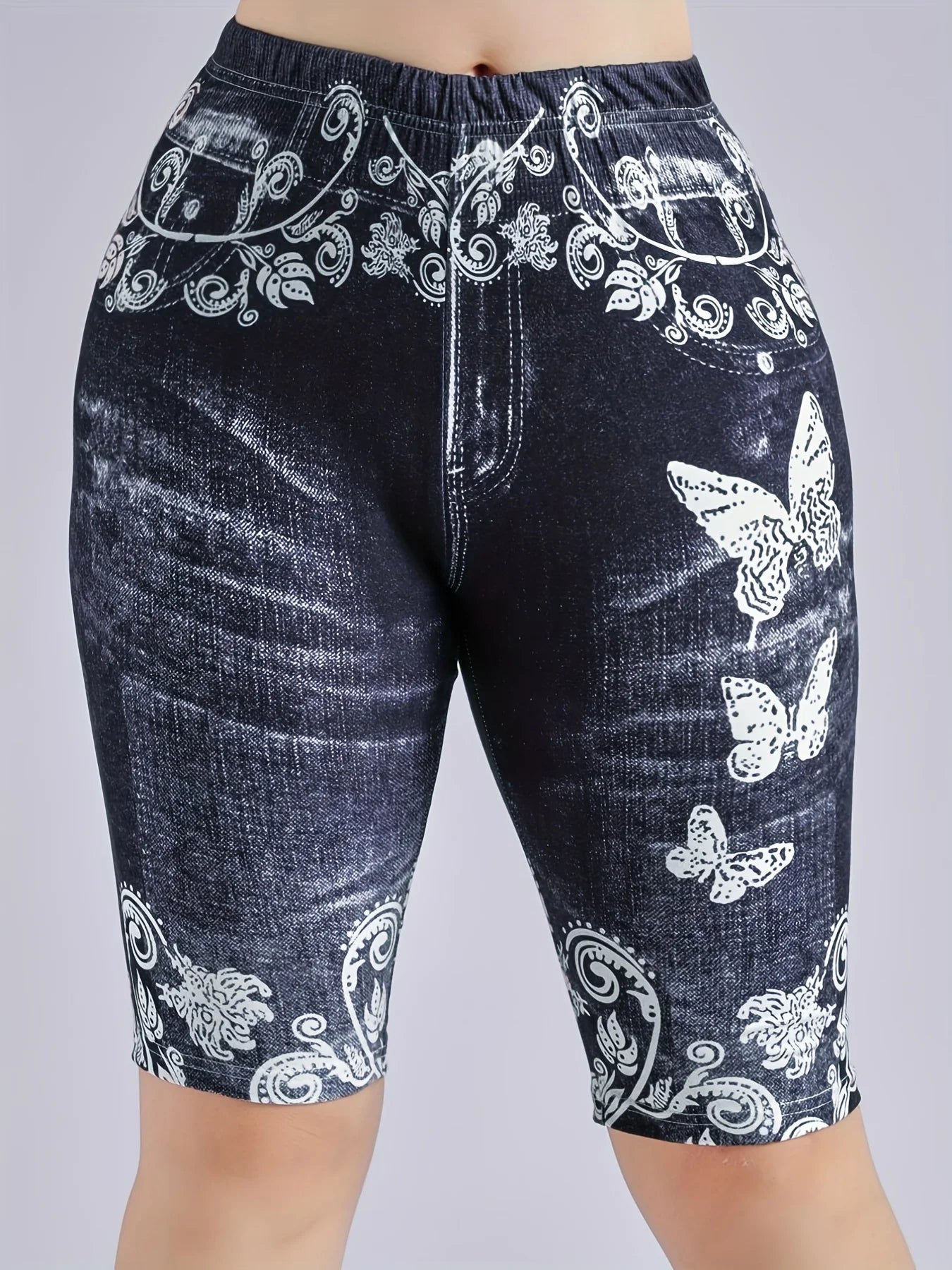 Lmitation Denim Leggings For Women Butterfly Waist Fruit Flower Elastic Shorts High Waist Casual