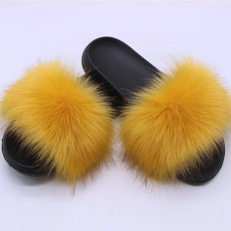 Women's  Faux Fox Fur Slides Fluffy Open Toe Slippers Indoor Outdoor Casual Flat Sandals Luxury Furry Slide Shoes for Ladies