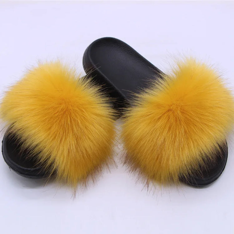 Women's  Faux Fox Fur Slides Fluffy Open Toe Slippers Indoor Outdoor Casual Flat Sandals Luxury Furry Slide Shoes for Ladies