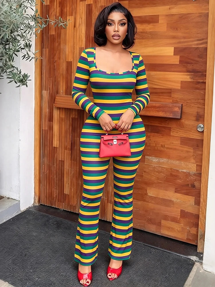 Nibber Chic Collar Full Jumpsuits Women's Autumn Trend Square Sleeve Stripe Patchwork Skinny Stretch High Street Style Overalls