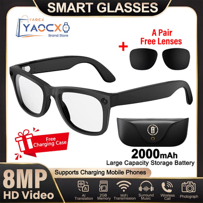 2026 Smart Glasses Genuine Leather 8MP HD Lens 2000Mah Charging Case BT Call 3D Music AI Voice Wake-up AI Translation