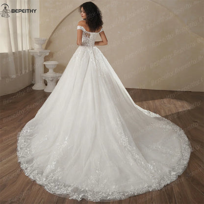 BEPEITHY Customized Off The Shoulder Lace Wedding Dresses For Women 2025 Glitter Bride Ivory Bridal Gown Vestidos De Novia Boda