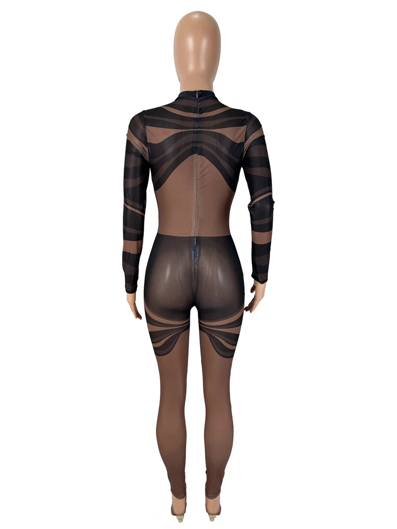 Stylish Lady Black Mesh Striped Printed Jumpsuits 2025 Autumn Women Long Sleeve O Neck See Through Sexy Club Party Overalls