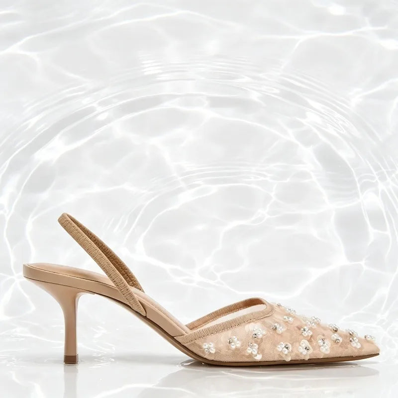 Luxury Crystals String Bead Decoration Brand Pumps Women Fashion Cozy Mesh Embroidery Designer Shoes Elegant Wedding Bridal Shoe