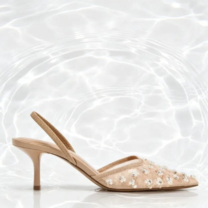 Luxury Crystals String Bead Decoration Brand Pumps Women Fashion Cozy Mesh Embroidery Designer Shoes Elegant Wedding Bridal Shoe