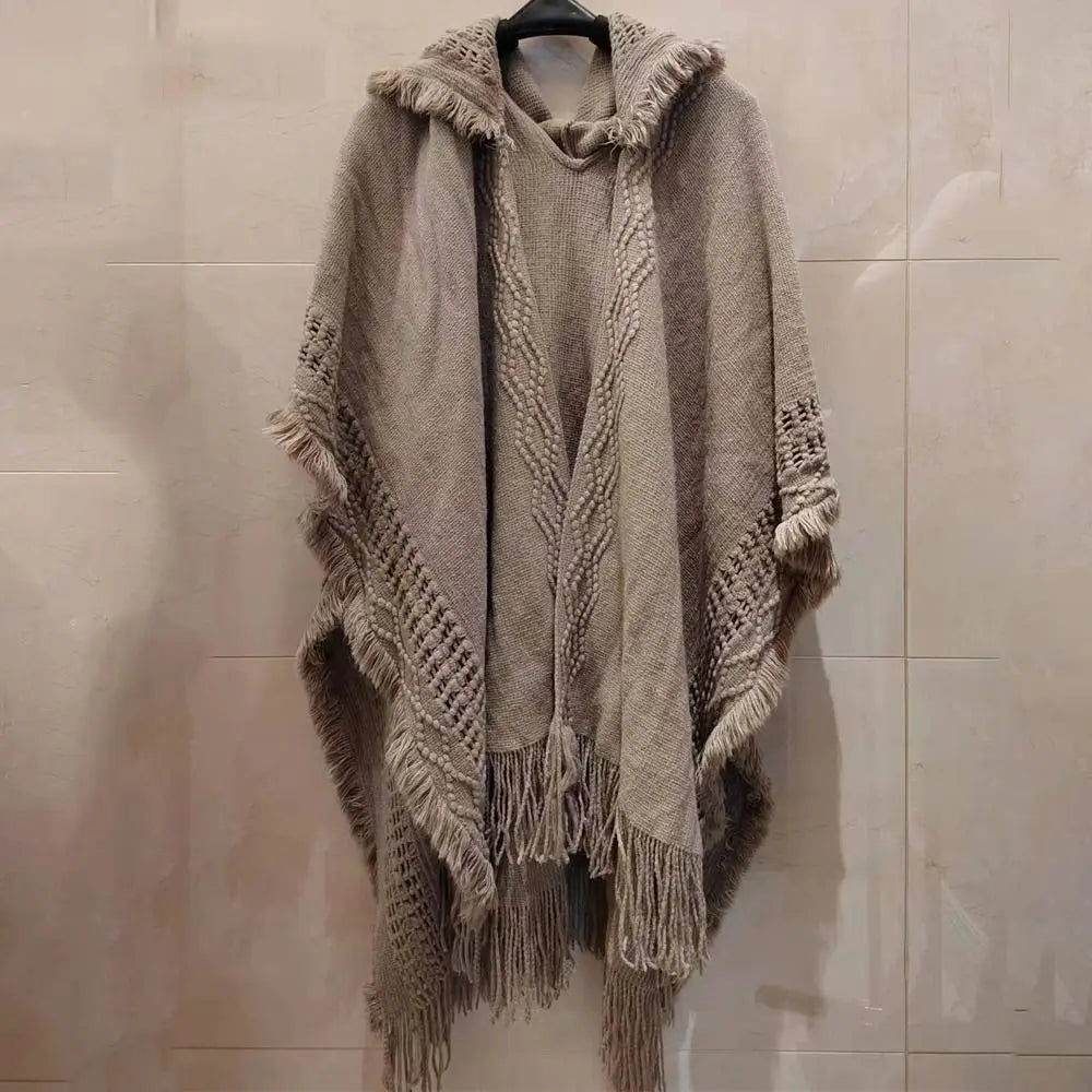 Wedding Party Cloak Hooded Knitted Shawl Bohemian Winter Warm Ladies Tassel Cape Oblique Stripe Wraps Scarf Coat