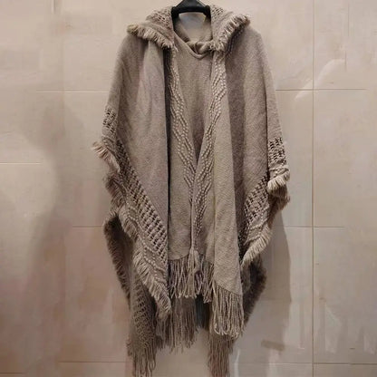 Wedding Party Cloak Hooded Knitted Shawl Bohemian Winter Warm Ladies Tassel Cape Oblique Stripe Wraps Scarf Coat