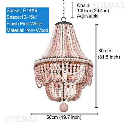 Blue Grey Wooden Beads 8 Lights Chandeliers For Foyers Vintage White Chandelier Lighting Bedroom Living Room Boho Pendant Light