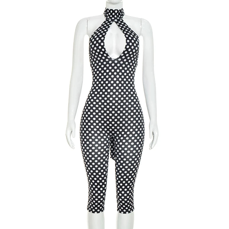Polka dot print neck strap, big backless, tight fitting and slimming seven part jumpsuit