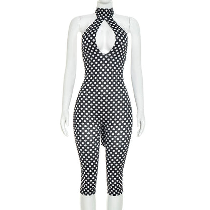 Polka dot print neck strap, big backless, tight fitting and slimming seven part jumpsuit