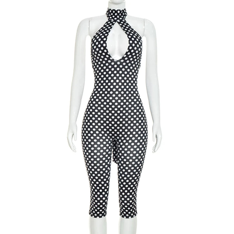 Polka dot print neck strap, big backless, tight fitting and slimming seven part jumpsuit
