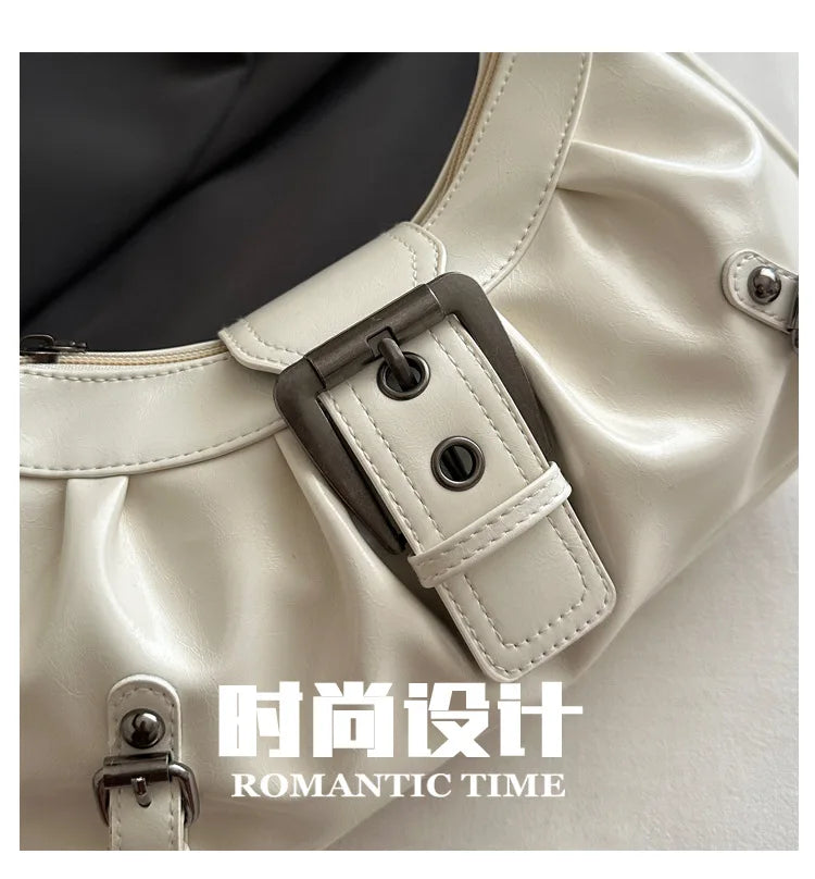 Fashion Pleated Lock Design Women's PU Shoulder Bags Simple Solid Color Ladies Underarm Bag Portable Cool Girls Phone Handbag