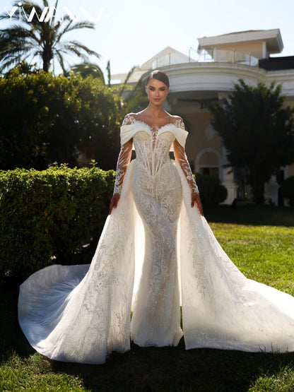 2026 New Detachable Train Embroidery Beaded Wedding Dress Long Sleeved Lace Bridal Gown Customized Dreamy Dresses For Bride