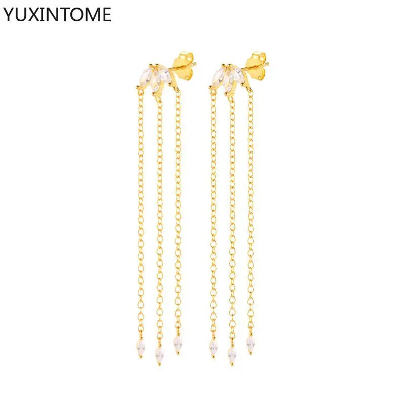 925 Sterling Silver Needle Long Chain Stud Earrings For Women Exquisite Zircon Geometric Tassel Pendant Earrings Luxury Jewelry