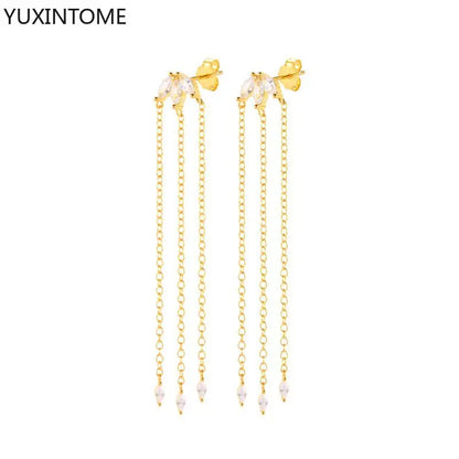 925 Sterling Silver Needle Long Chain Stud Earrings For Women Exquisite Zircon Geometric Tassel Pendant Earrings Luxury Jewelry