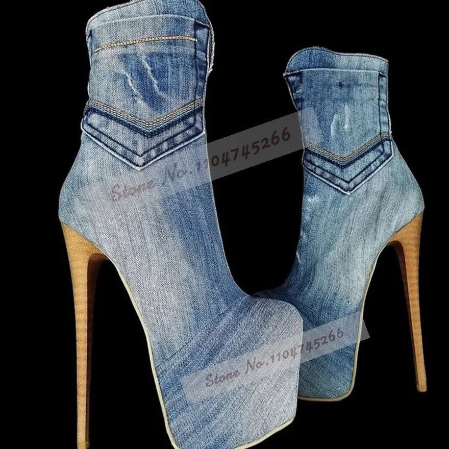Wooden Stripe Pattern Stiletto Heel Ankle Boots Brown Suede Denim Platform Short Booties Elegant Fall Winter Outside Dress Shoes