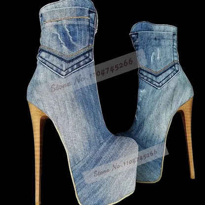 Wooden Stripe Pattern Stiletto Heel Ankle Boots Brown Suede Denim Platform Short Booties Elegant Fall Winter Outside Dress Shoes