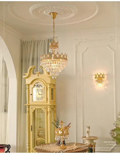 Modern Luxury Chandelier LED Crystal Vintage French Pendant Lamps for Living Dining Table Room Golden Crown Lighting Home Deocr
