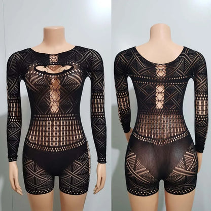 Streetwear Women 2023 One-pieces Outfits Rompers Jumpsuits Summer Long Sleeve Hollow Out Bodycon Mesh Black Romper Playsuits