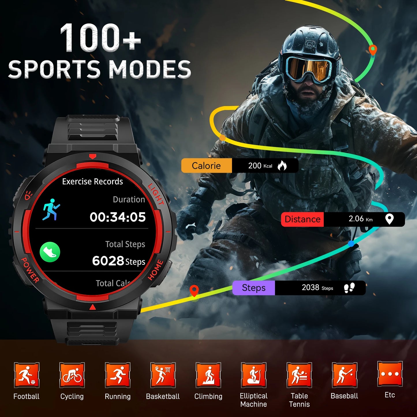 EIGIIS Smart Watches for Men with LED Flashlight 1.53" HD with 100+ Sport Modes Health/Sleep Monitor and 3ATM Waterproof Watche